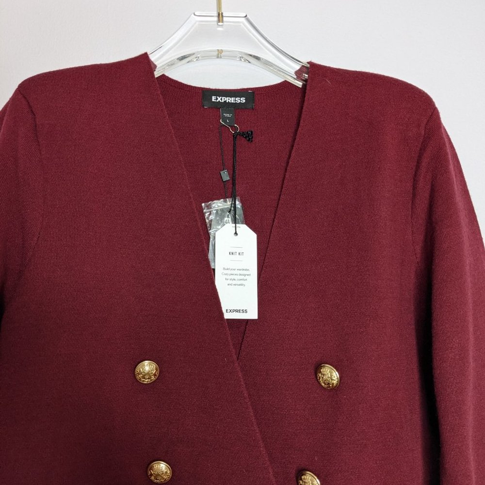 Express Burgundy Double Breasted Cardigan Long Sleeve V-Neck Size L NWT - Picture 4 of 7